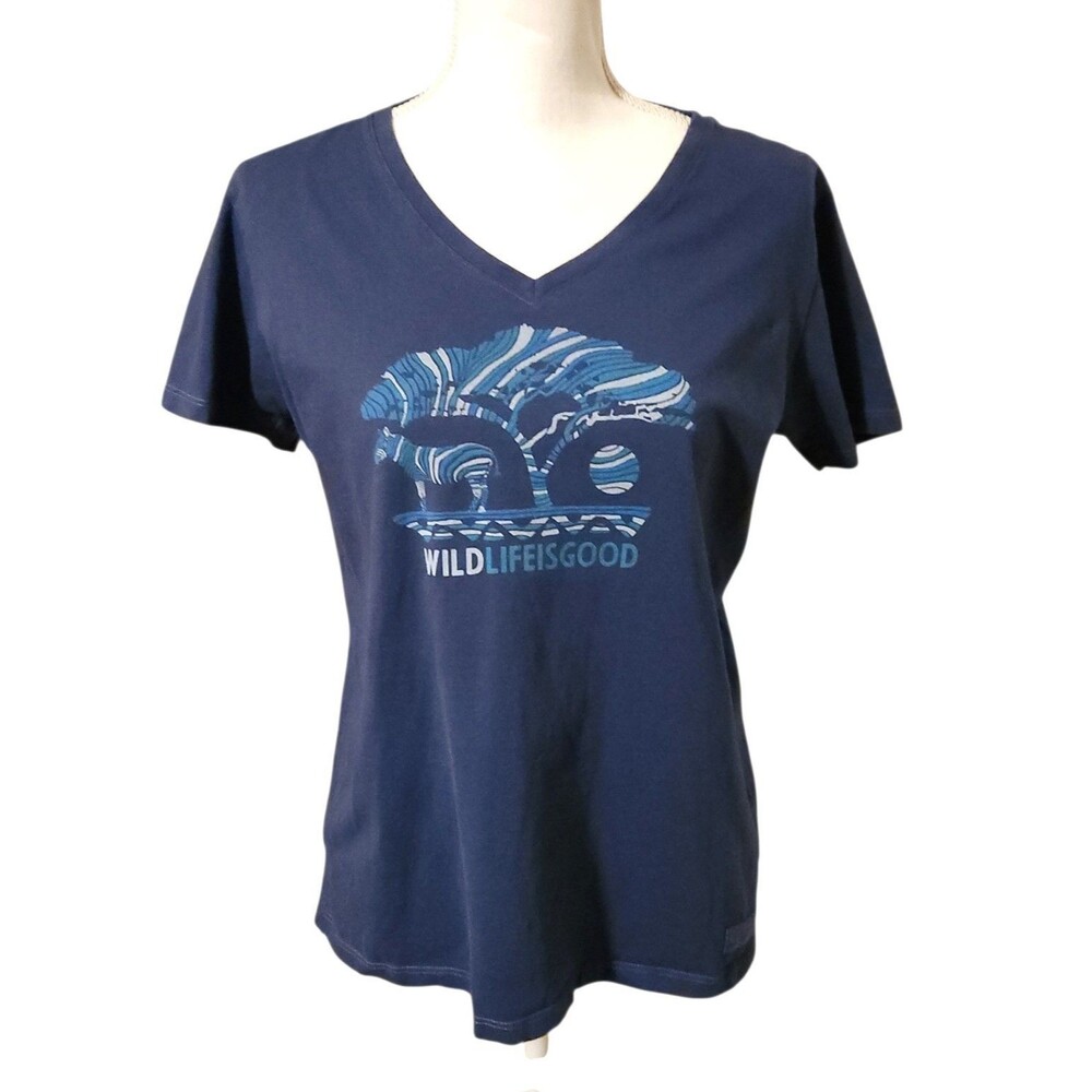 Life Is Good Crusher Tee Shirt V- Neck  Blue w/ WILD LIFE IS GOOD Womens Size M